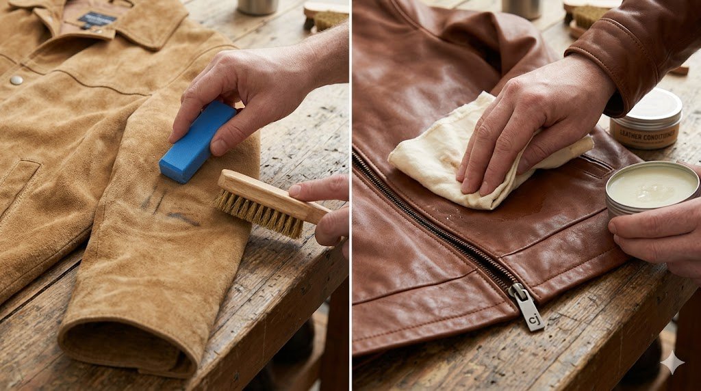 A visual comparison of a suede jacket vs leather jacket during a routine cleaning process