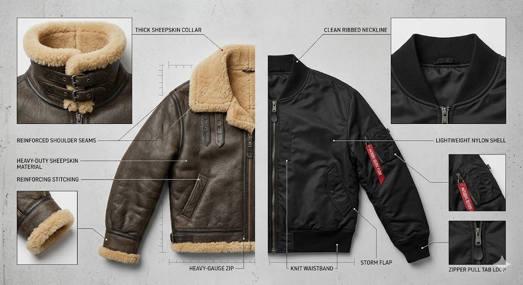 Detailed technical structural differences between a bomber jacket vs aviator jacket