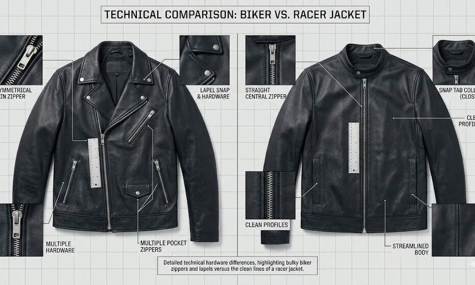 Detailed technical hardware differences between a biker jacket vs racer jacket