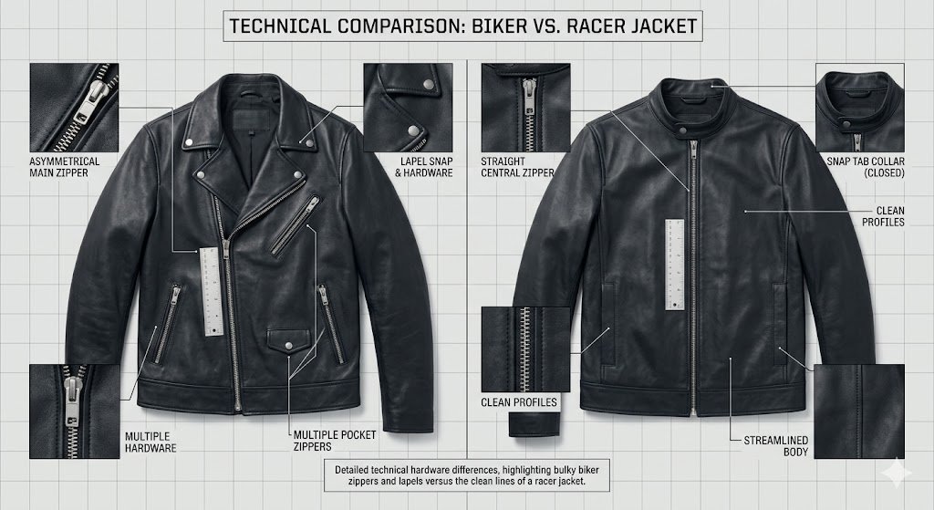 Detailed technical hardware differences between a biker jacket vs racer jacket