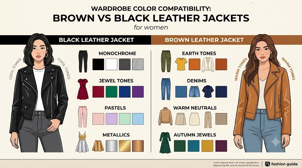 Wardrobe color compatibility chart for a brown vs black leather jacket for women