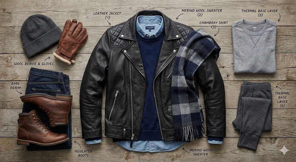 Flat lay guide on how to layer a leather jacket for winter warmth