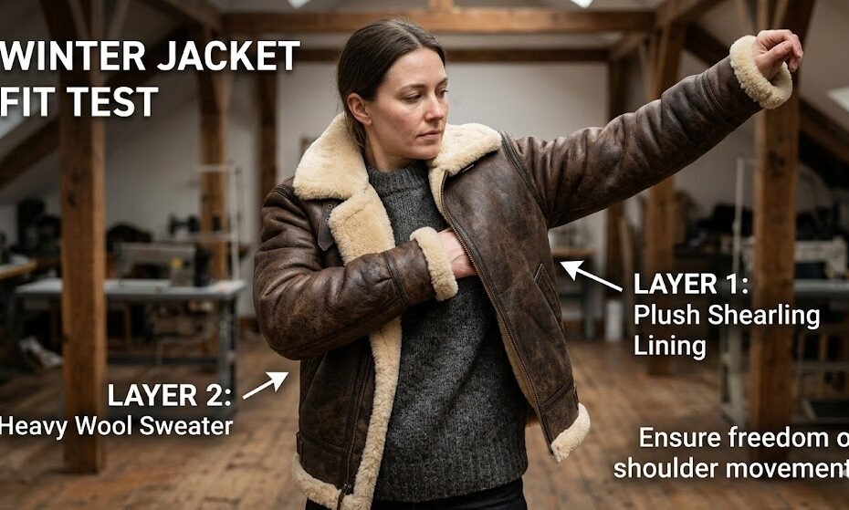 A model demonstrating proper shoulder movement and layering space inside a heavy-lined winter leather jacket