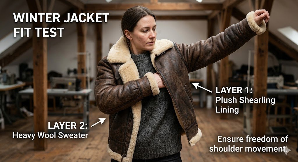 A model demonstrating proper shoulder movement and layering space inside a heavy-lined winter leather jacket