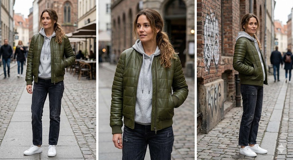 Casual streetwear aesthetic incorporating the best leather jacket styles for women featuring a ribbed leather bomber coat