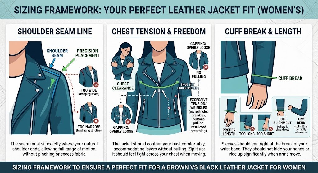 Sizing framework to ensure a perfect fit for a brown vs black leather jacket for women