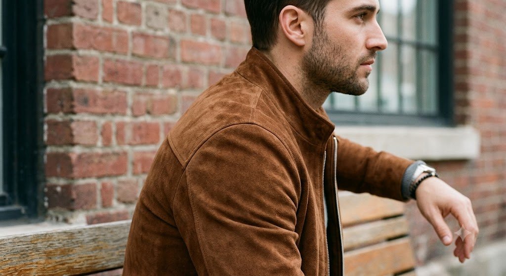 Detailed fit overview showing ideal sleeve length and shoulder proportions for what to wear with a suede jacket ensembles