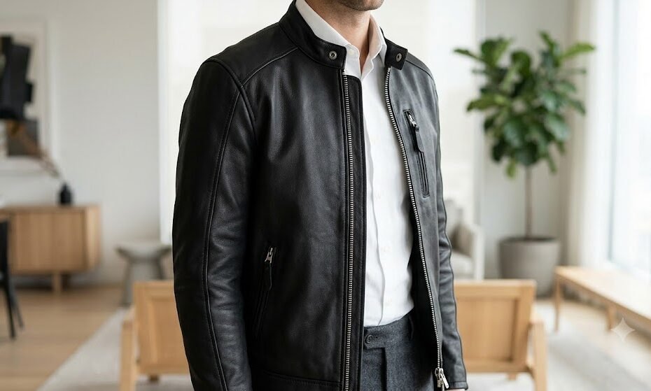 Man showcasing the best leather jacket for smart casual outfits by styling a black cafe racer with tailored trousers