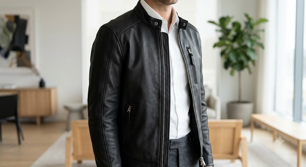 Man showcasing the best leather jacket for smart casual outfits by styling a black cafe racer with tailored trousers