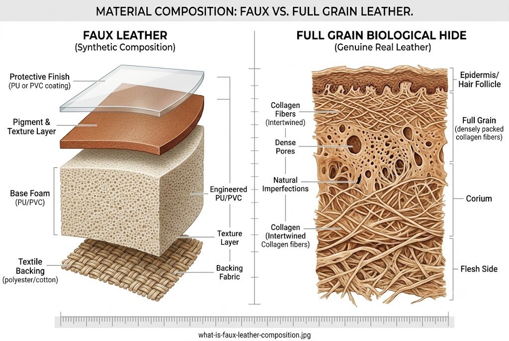 Material cross section diagram demonstrating what is faux leather composition vs genuine real leather layers