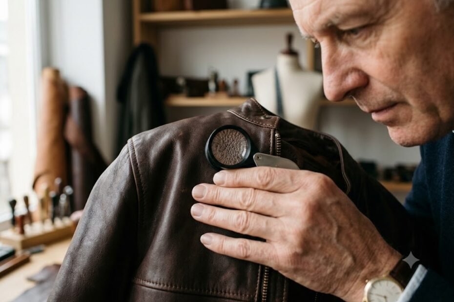 Expert demonstrating how to tell if leather is real by inspecting the biological pore structure