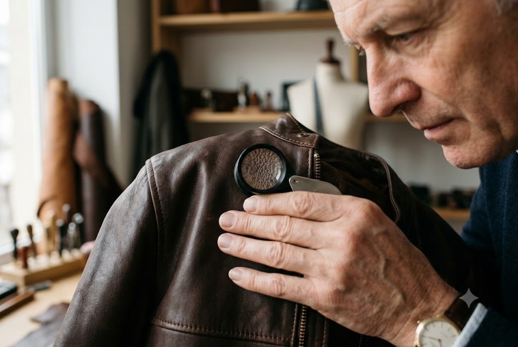 Expert demonstrating how to tell if leather is real by inspecting the biological pore structure
