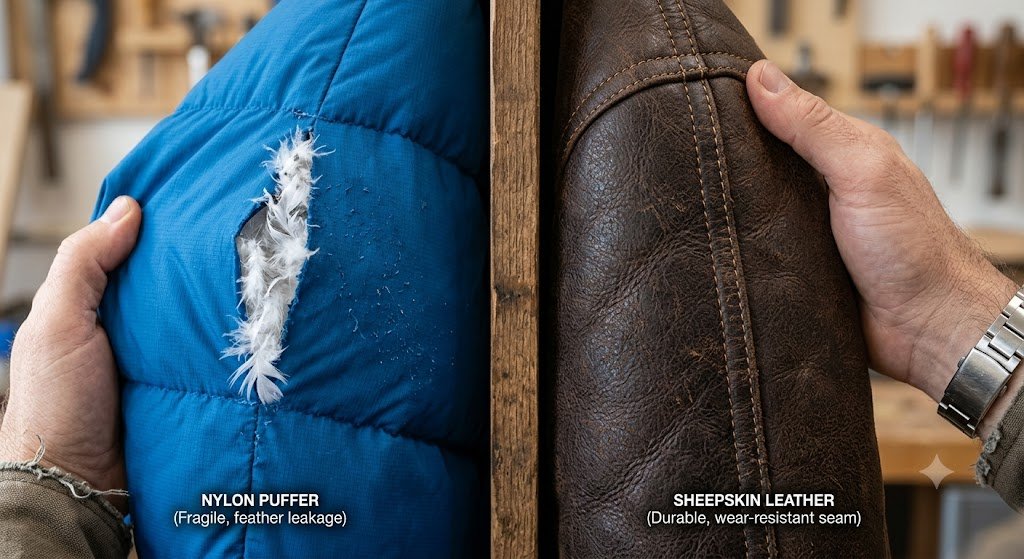 Evaluating material durability and wear resistance of a leather jacket vs puffer for winter