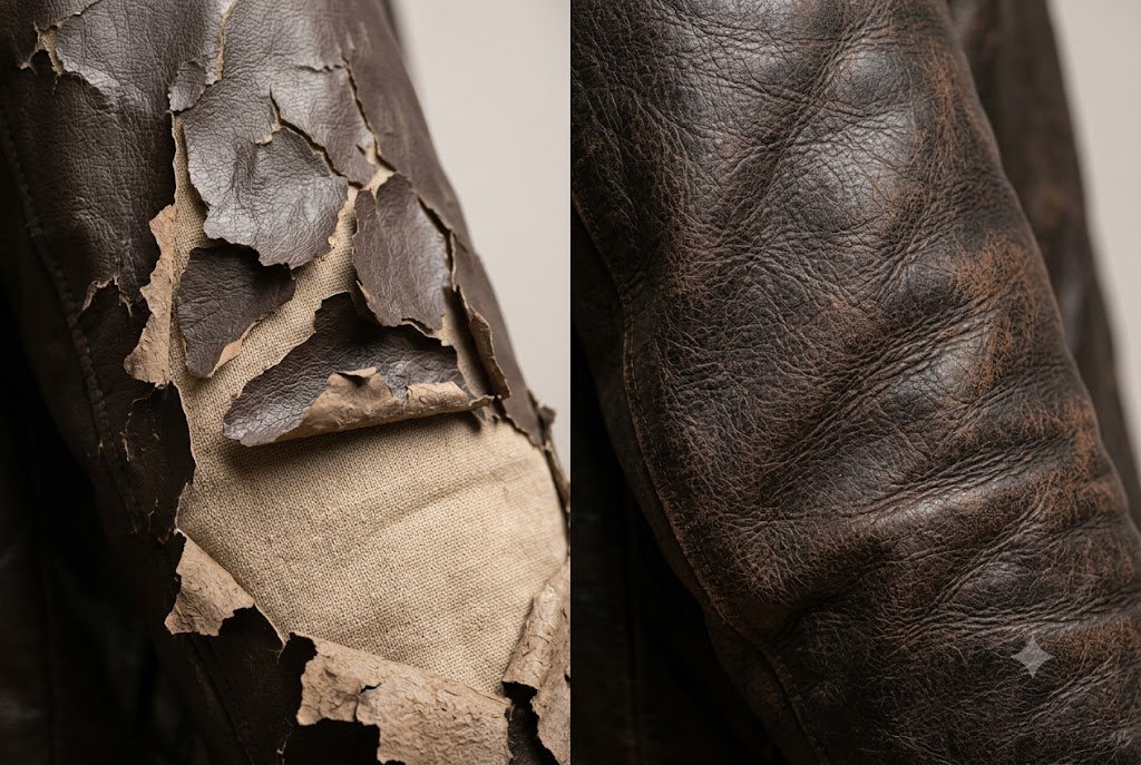 Sleeve degradation comparison showcasing what is faux leather peeling vs genuine biological leather creasing