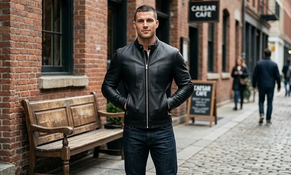 An athletic man wearing a minimalist black leather cafe racer jacket that perfectly contours his broad shoulders and tapered waist