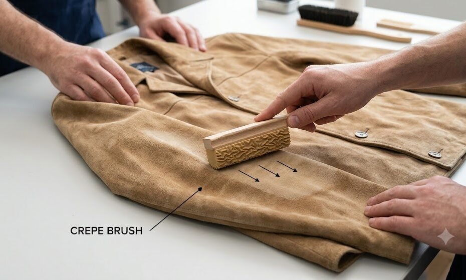 A professional demonstration of how to clean a suede jacket without ruining it by using a crepe brush in a single direction on the nap