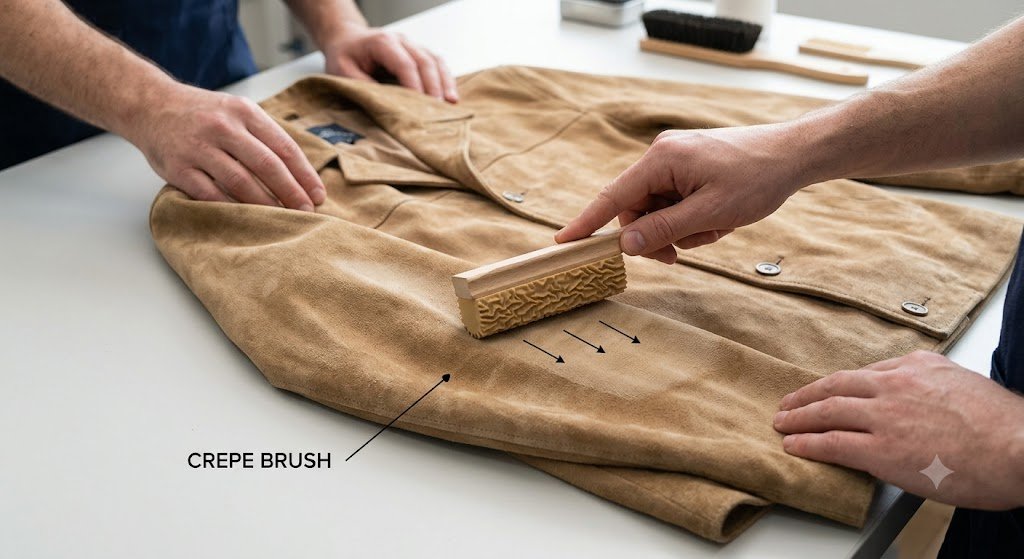 A professional demonstration of how to clean a suede jacket without ruining it by using a crepe brush in a single direction on the nap