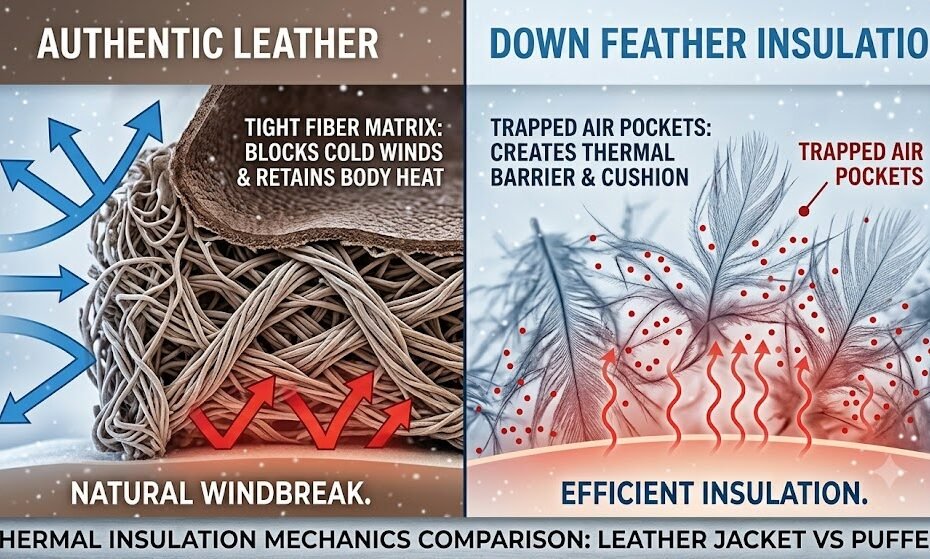 Thermal insulation mechanics comparison of a leather jacket vs puffer for winter