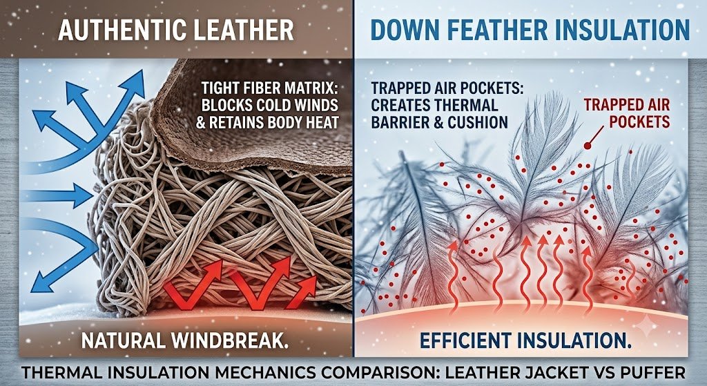Thermal insulation mechanics comparison of a leather jacket vs puffer for winter