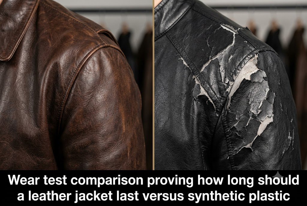 Wear test comparison proving how long should a leather jacket last versus synthetic plastic