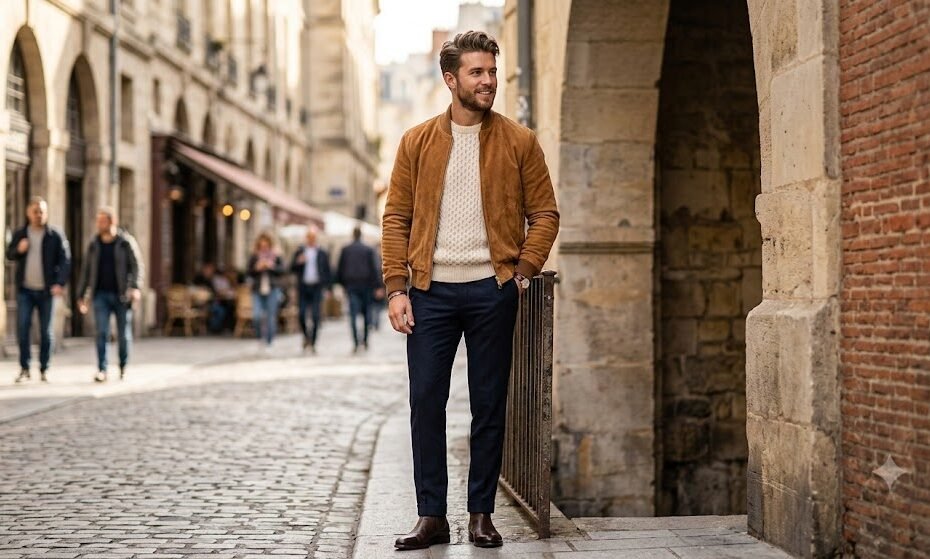 Man demonstrating what to wear with a suede jacket by mixing a tan suede bomber with a cream knit sweater for a smart casual look