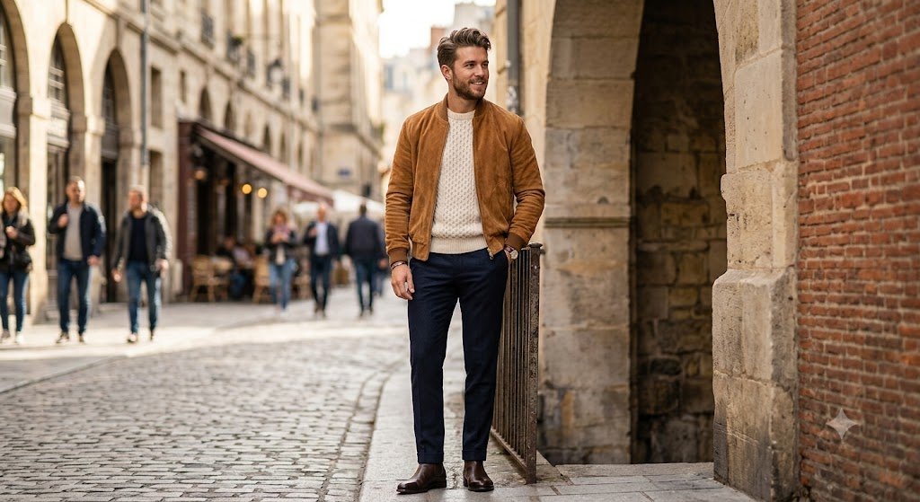 Man demonstrating what to wear with a suede jacket by mixing a tan suede bomber with a cream knit sweater for a smart casual look
