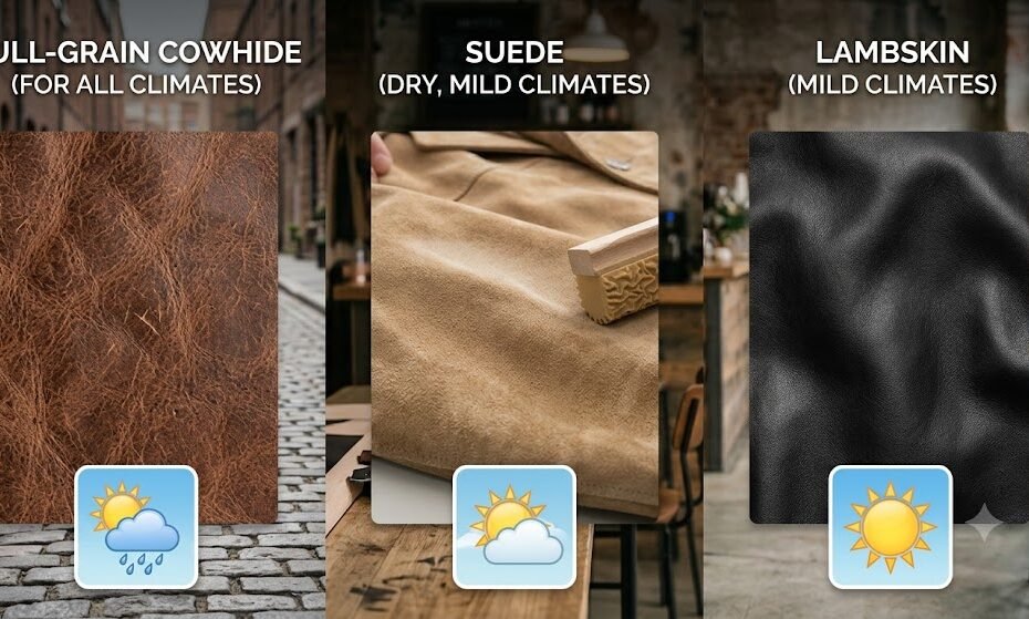 A side-by-side material comparison demonstrating which leather is best for a leather jacket across various climates
