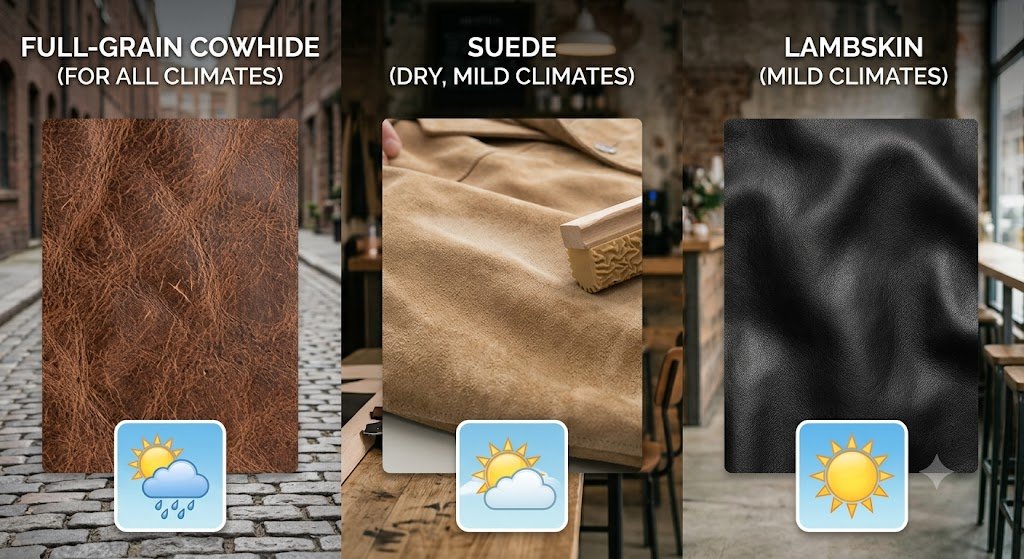A side-by-side material comparison demonstrating which leather is best for a leather jacket across various climates