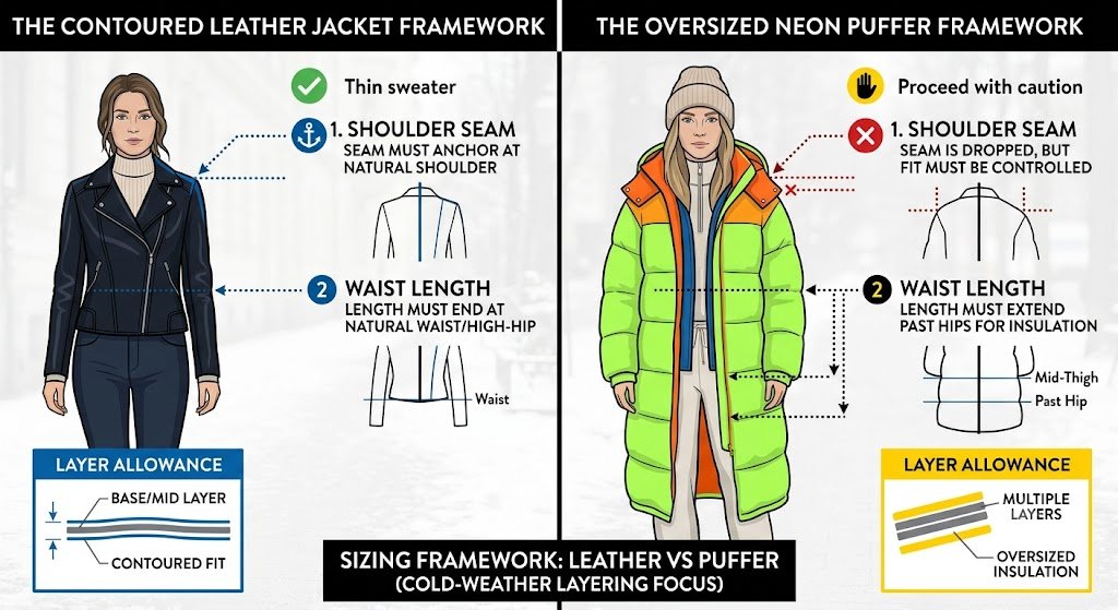 Sizing framework to ensure proper cold-weather layering for a leather jacket vs puffer for winter
