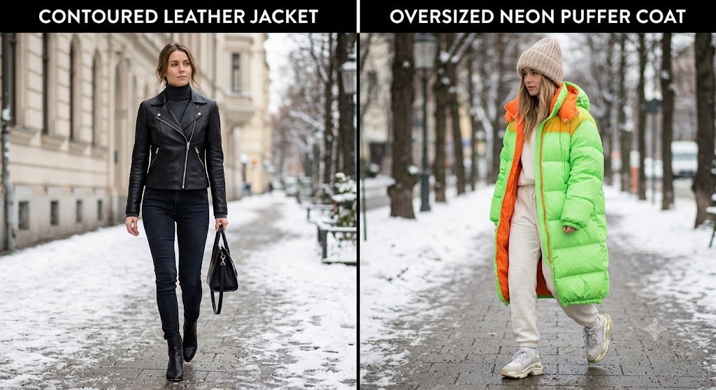 Silhouette and style proportion comparison of a leather jacket vs puffer for winter