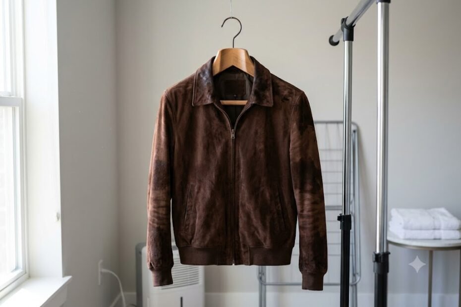 Proper drying setup demonstrating can suede jacket get wet emergency restoration using a wide wooden hanger
