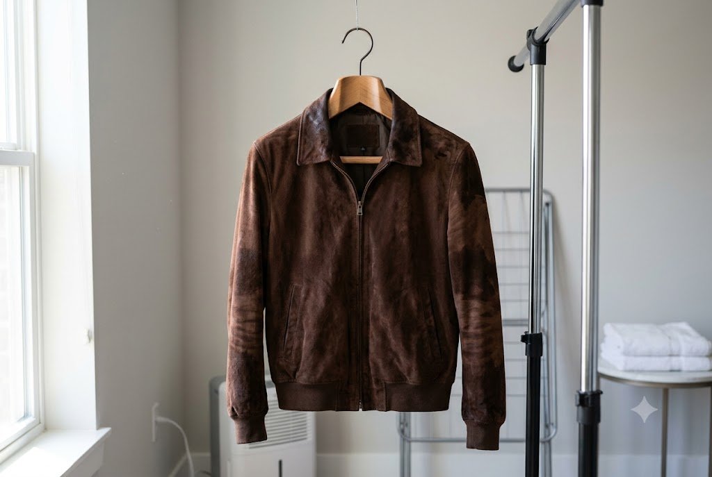Proper drying setup demonstrating can suede jacket get wet emergency restoration using a wide wooden hanger