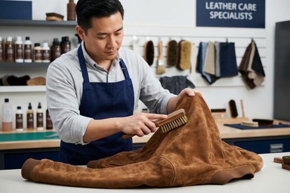 A professional cleaning a brown suede leather jacket using a specialist brass bristle suede brush