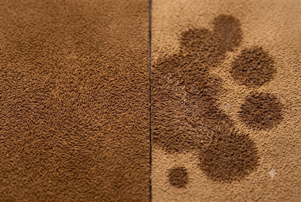 Macro texture comparison showing can suede jacket get wet absorption and water spot formation on split hide