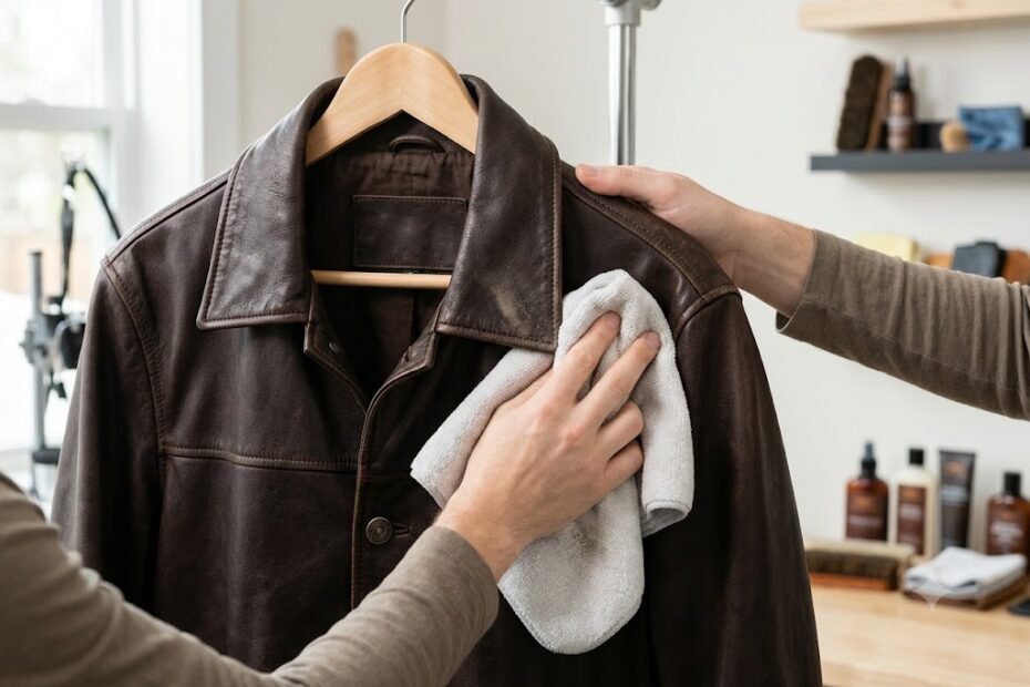 Demonstrating the initial dusting step for how do you clean a leather coat