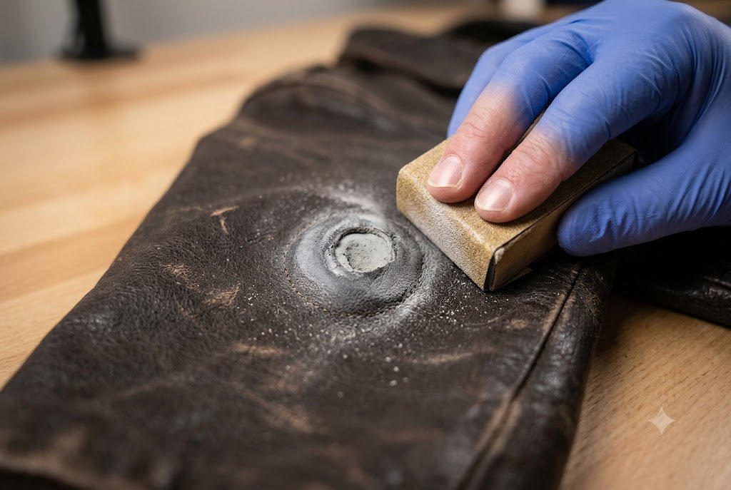 A detailed process image illustrating how to fix hole in leather jacket by sanding cured filler smooth