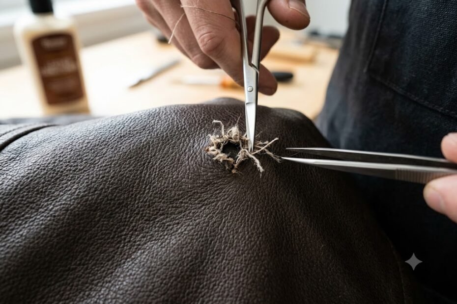 A close-up view demonstrating how to fix hole in leather jacket by carefully trimming frayed fibers around the damage.