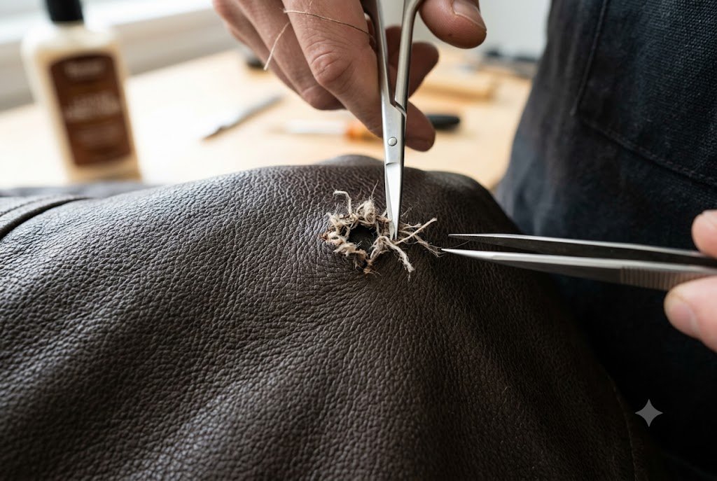 A close-up view demonstrating how to fix hole in leather jacket by carefully trimming frayed fibers around the damage.