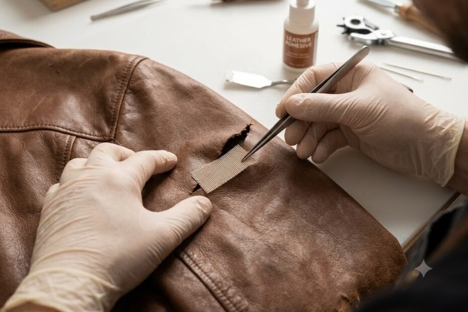 A craftsperson using tweezers and a sub-patch to repair a tear on a brown leather jacket panel
