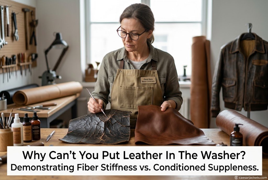 Leather conservator inspecting hide damage to demonstrate why can you put leather in the washer causes fiber stiffness