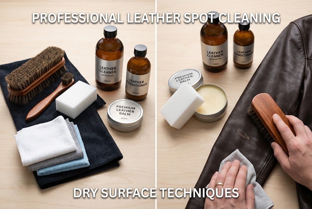 Dedicated cleaning kit setup proving how can leather be washed using professional dry surface techniques