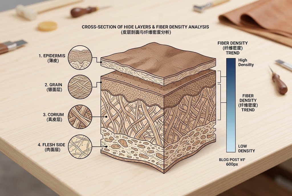 Cross-section of hide layers and fiber density