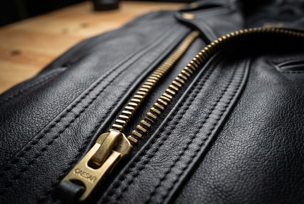Detailed inspection of stitching and hardware showing how to tell if a leather jacket is high quality