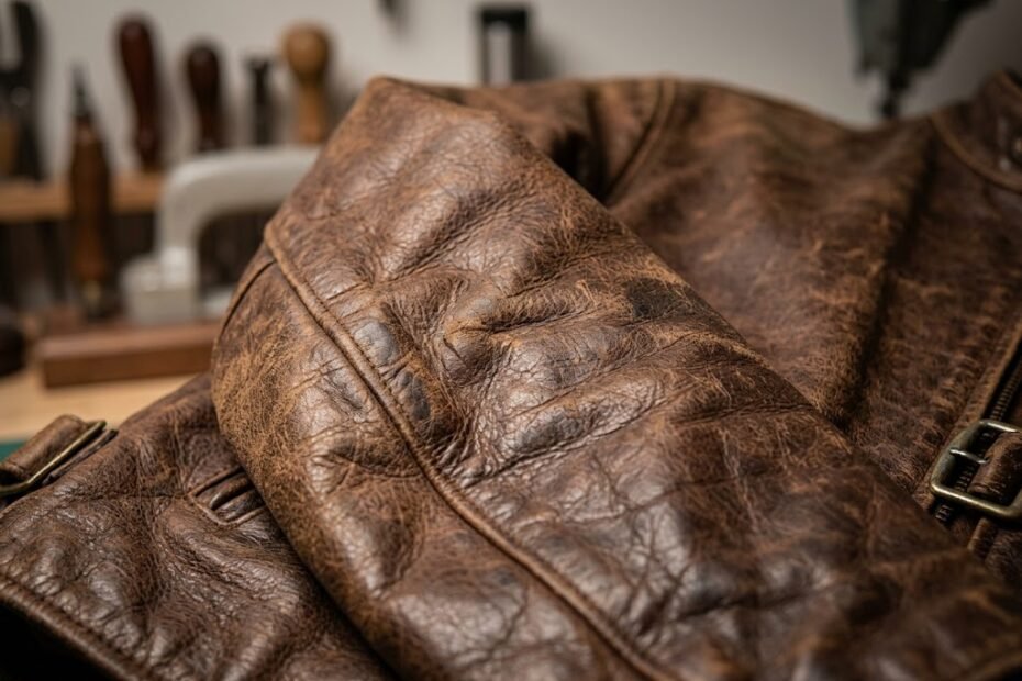 A close-up shot of an aged full-grain jacket showing how long does leather last when it develops a rich vintage patina.