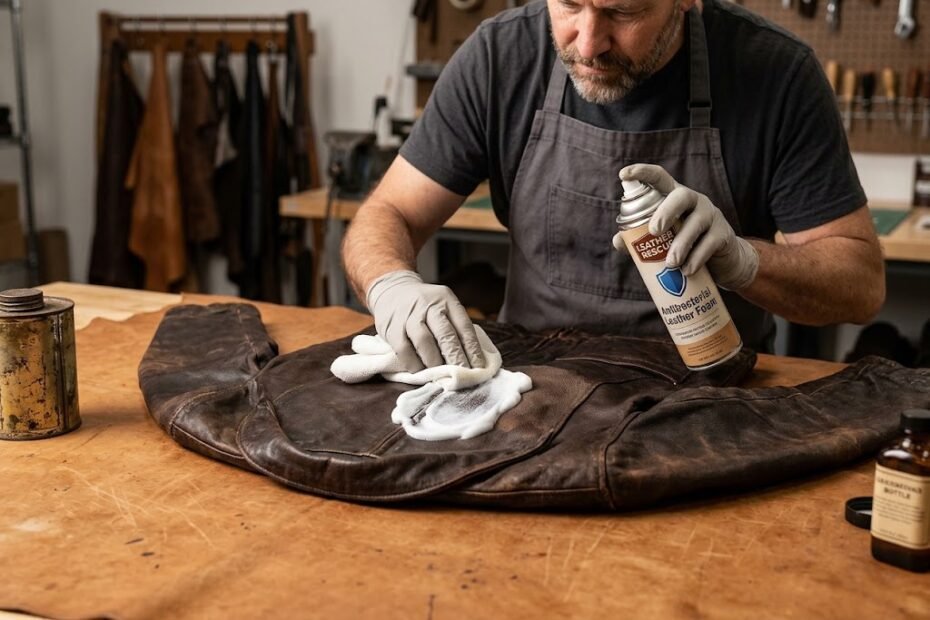Leather restoration expert showing how to disinfect leather jacket safely with antibacterial leather foam