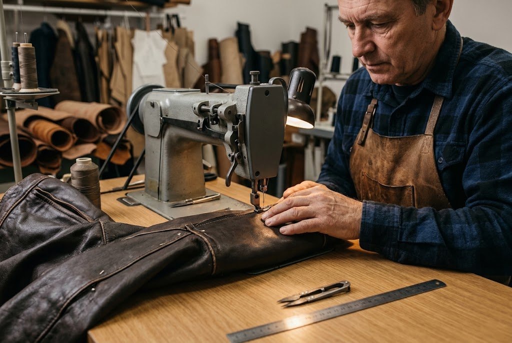 Master artisan demonstrating how can a leather jacket be altered using walking foot leather machinery