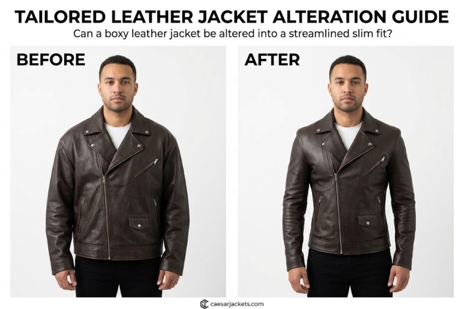 Visual demonstration showing can a leather jacket be altered from a loose boxy fit into a tailored cut