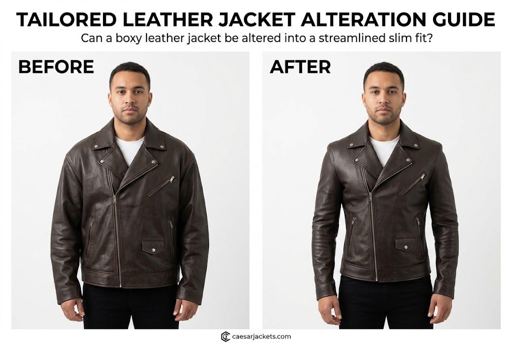 Visual demonstration showing can a leather jacket be altered from a loose boxy fit into a tailored cut