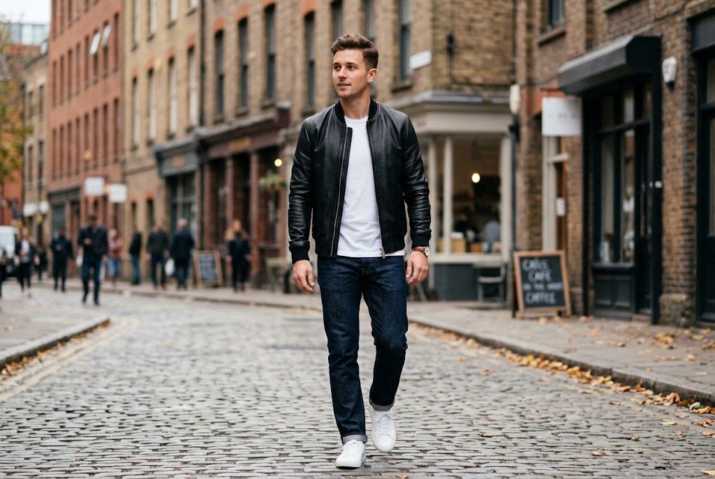 A man wearing the best leather jacket for everyday wear featuring a minimalist black leather bomber over a white tee and dark denim