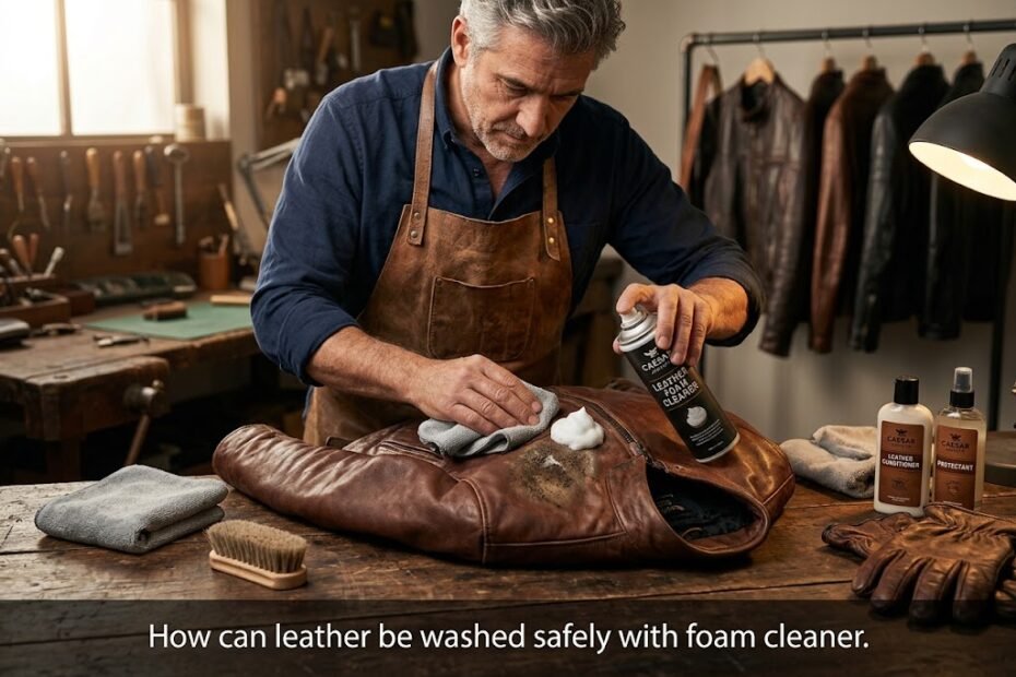 Master leather artisan demonstrating safe methods showing can leather be washed using specialized foam cleaner